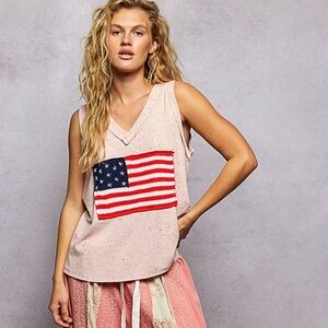 🇺🇸 POL V-Neck Ribbed Tank w/American Flag Patch and Star Back Patch-Soft Pink